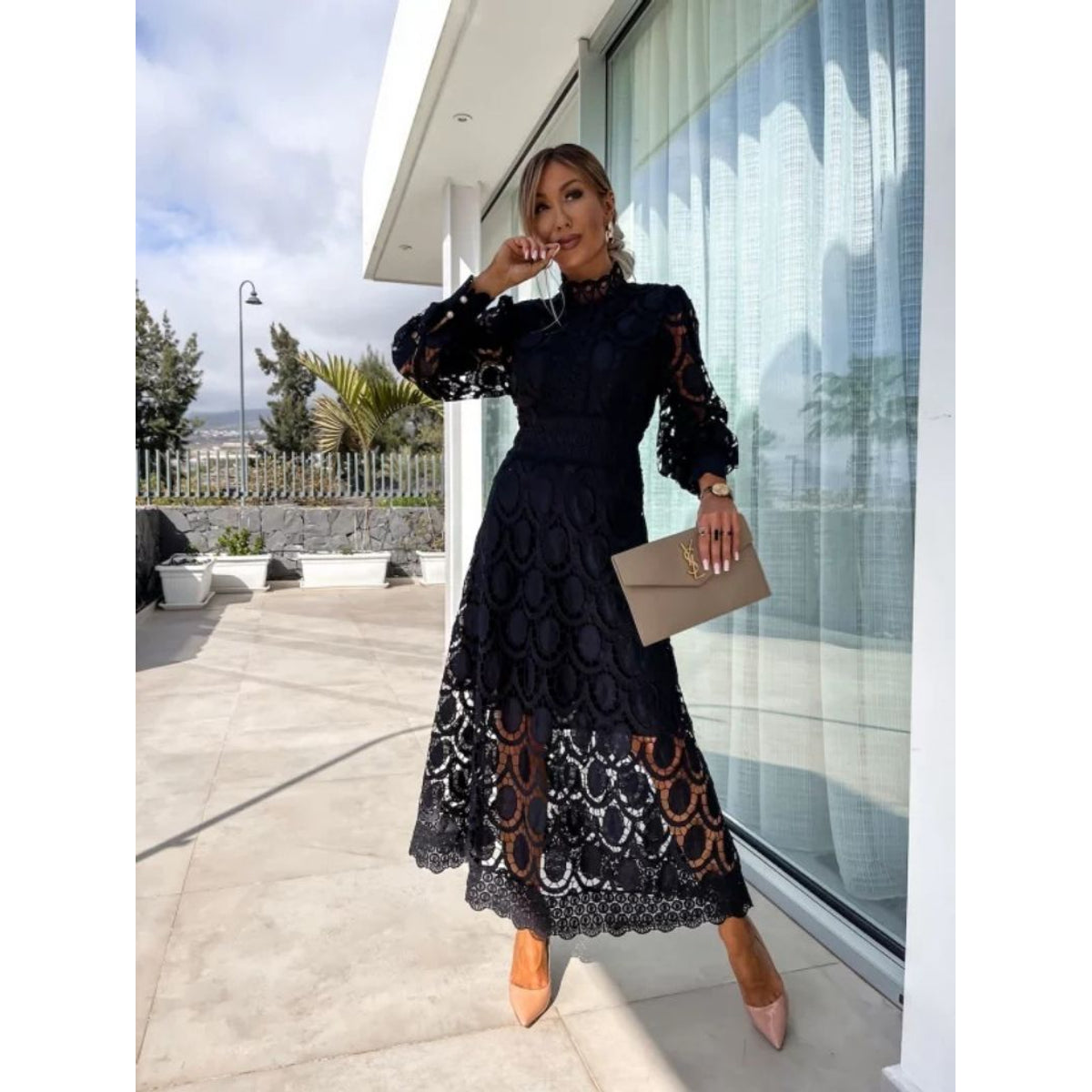 Lace Midi Dress with Sleeves High Neck Elegant Charm for Women 5