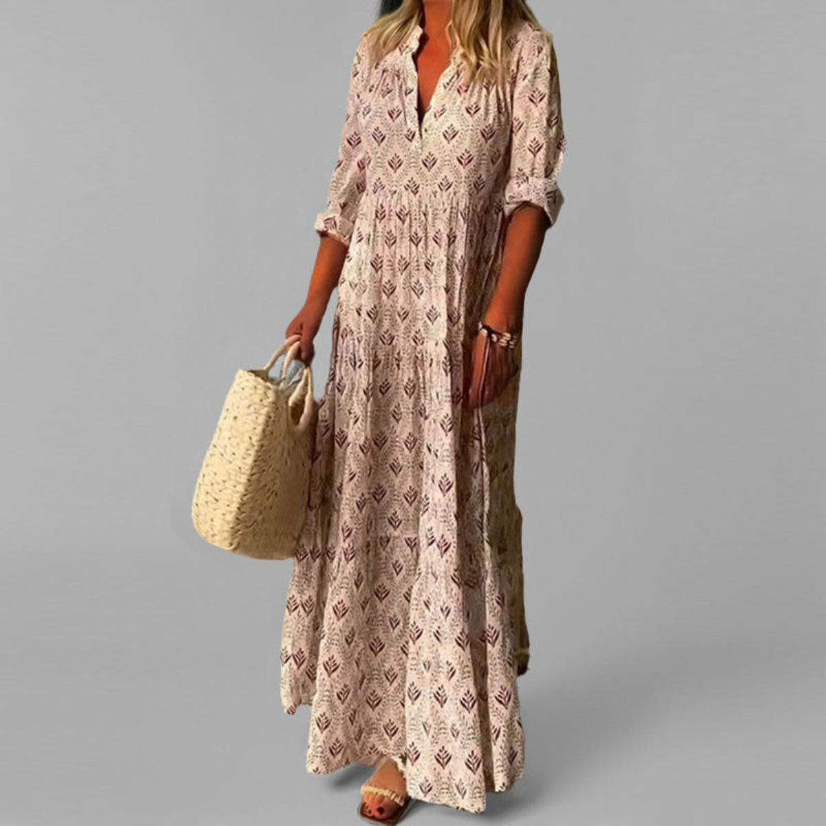 Lightweight Floral Maxi Dress Women V-Neck 3/4 Sleeve Casual Summer 0