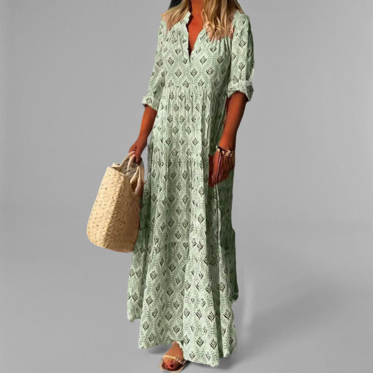 Lightweight Floral Maxi Dress Women V-Neck 3/4 Sleeve Casual Summer 1