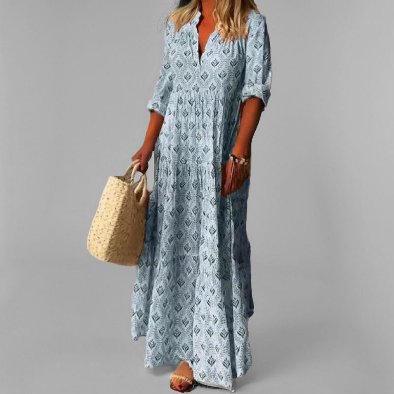 Lightweight Floral Maxi Dress Women V-Neck 3/4 Sleeve Casual Summer 3