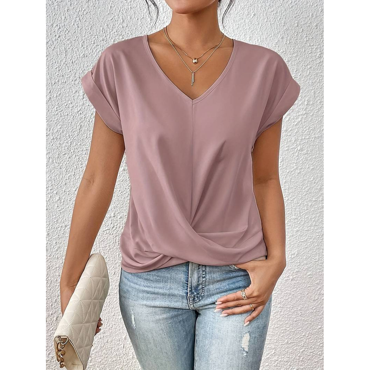 Lightweight Women's V-Neck Blouse - Breathable Oversized Drop Shoulder Tee 2