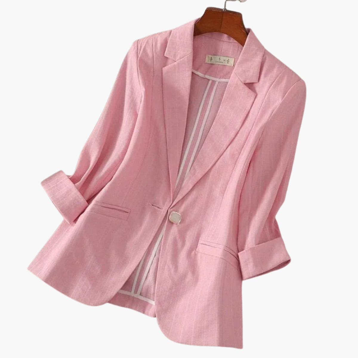 Linen Blazer Women Roll-Up Sleeves Chic Office Wear 0