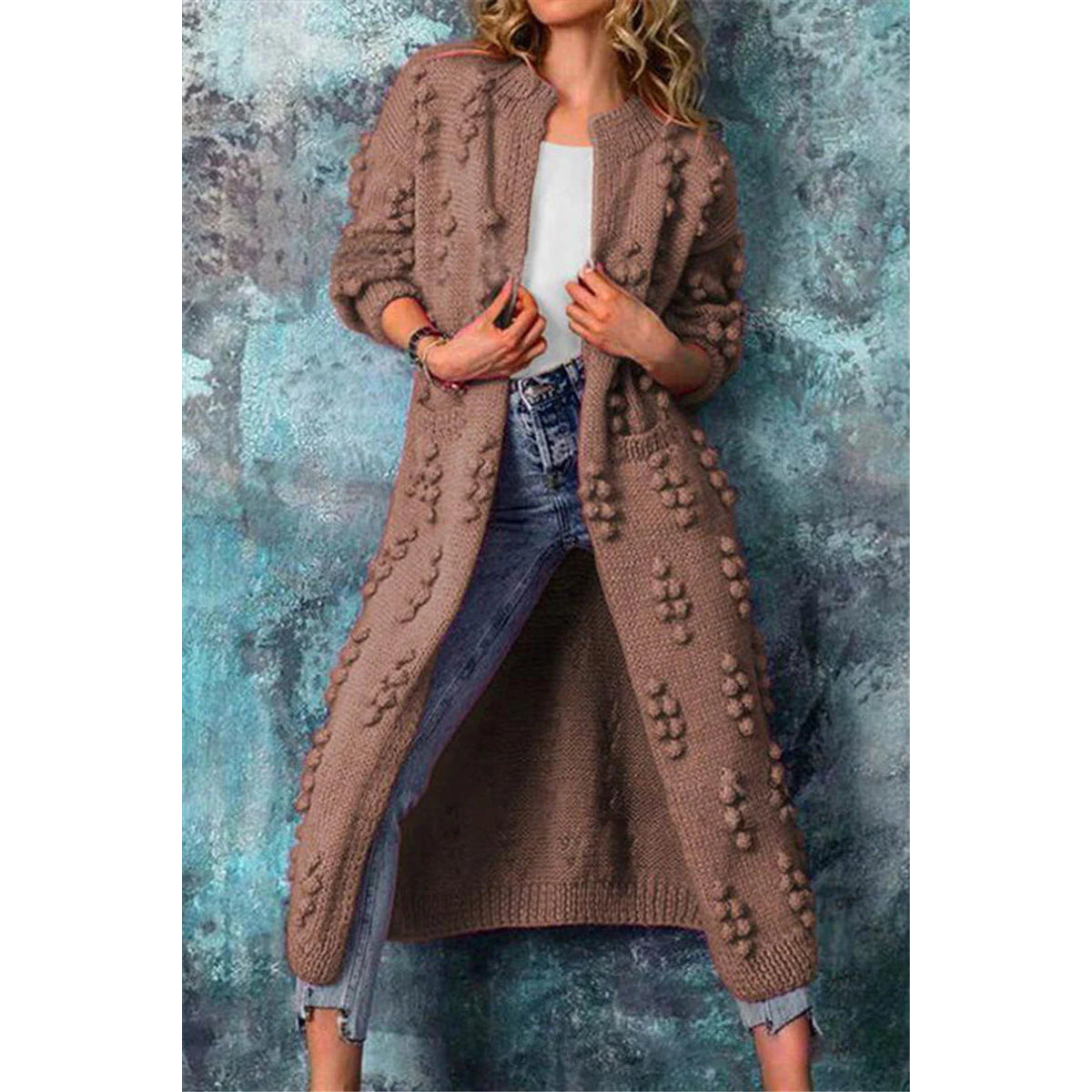 Long Knitted Cardigan Women Winter Stylish Poms Cozy Comfort 3
