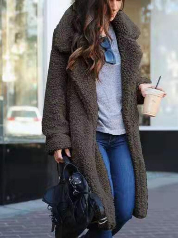 Long Oversized Winter Teddy Coat Women Lapel Collar Casual Chic 3