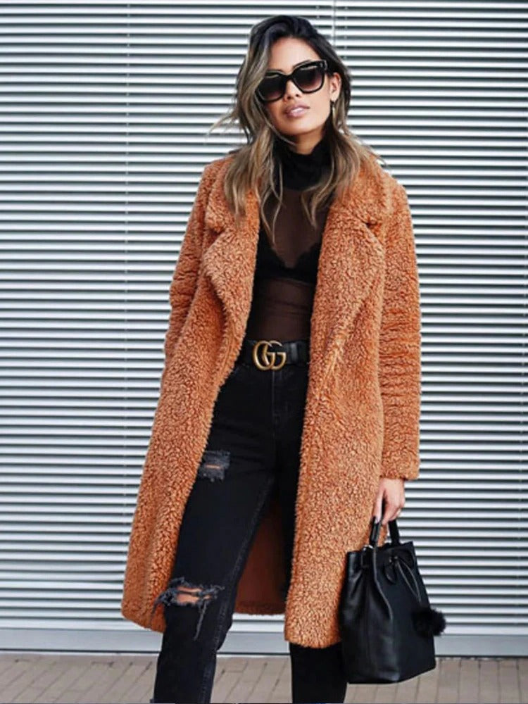 Long Oversized Winter Teddy Coat Women Lapel Collar Casual Chic 7
