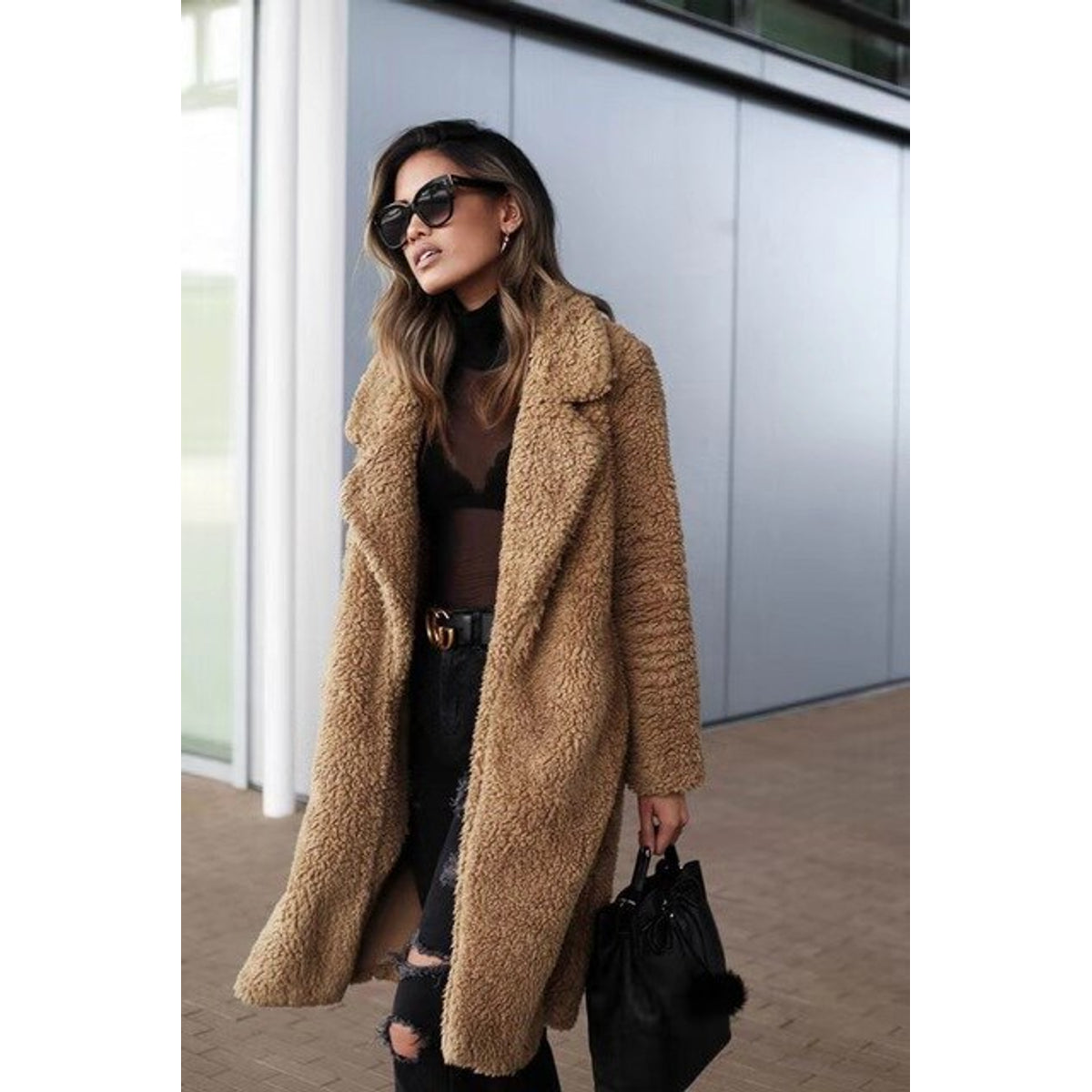 Long Oversized Winter Teddy Coat Women Lapel Collar Casual Chic 8