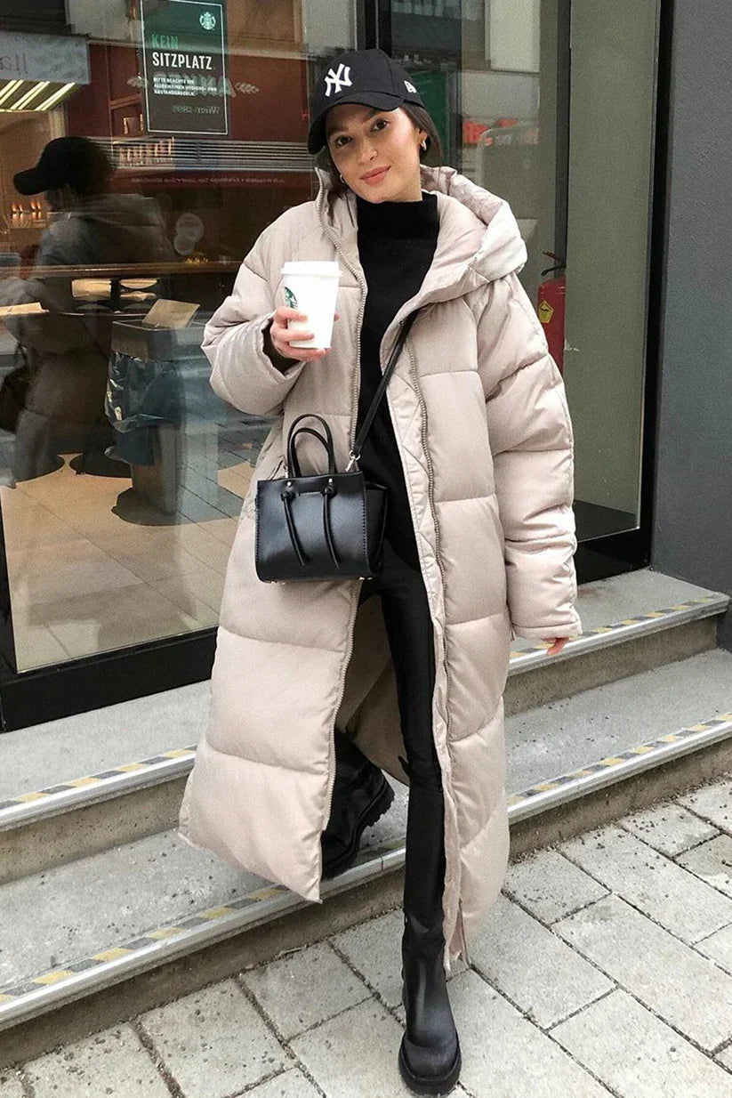 Long Puffer Coat Women High Neck Hooded Design Quilted Winter Warmth 1