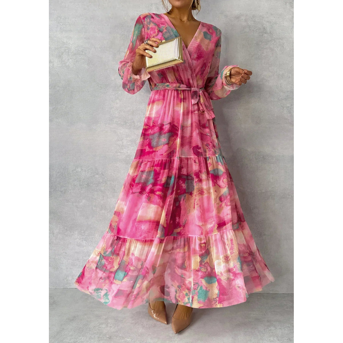 Long Sleeve Floral Wrap Dress Women Elegant Maxi Style Summer Formal 1