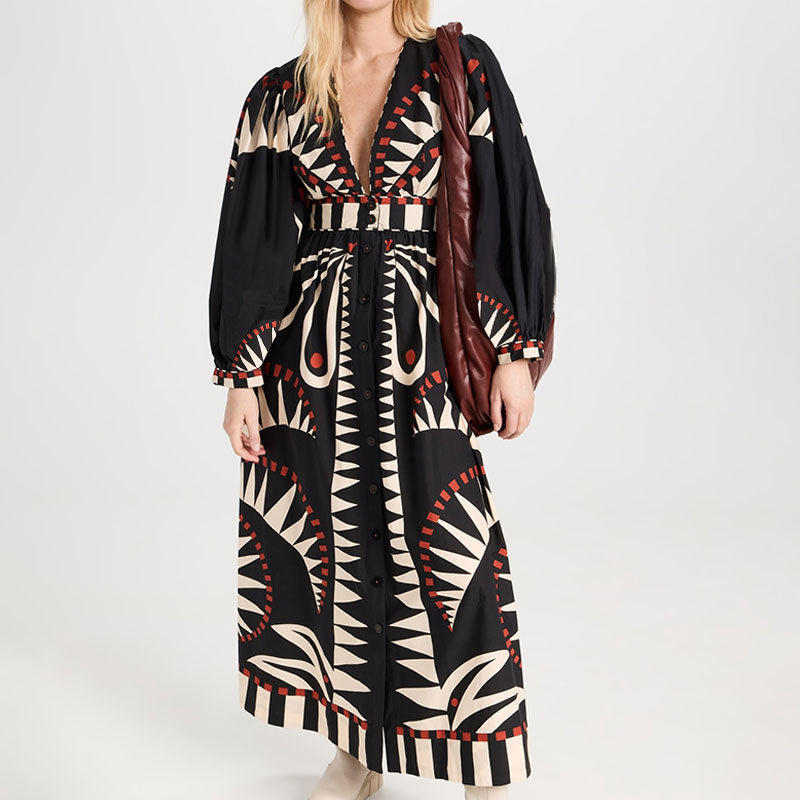 Long Sleeve Maxi Dress Women V-Neck Flowing Design Elegant 5