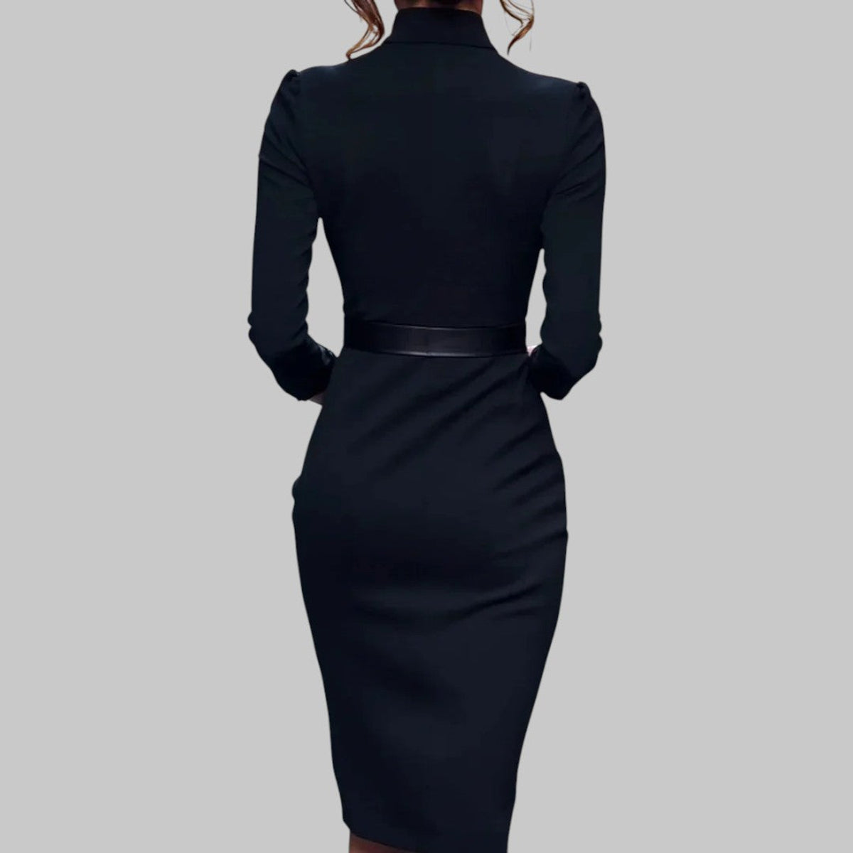 Long Sleeve Midi Dress Women Collar Belted Sheath Elegant Formal Office Wear 2
