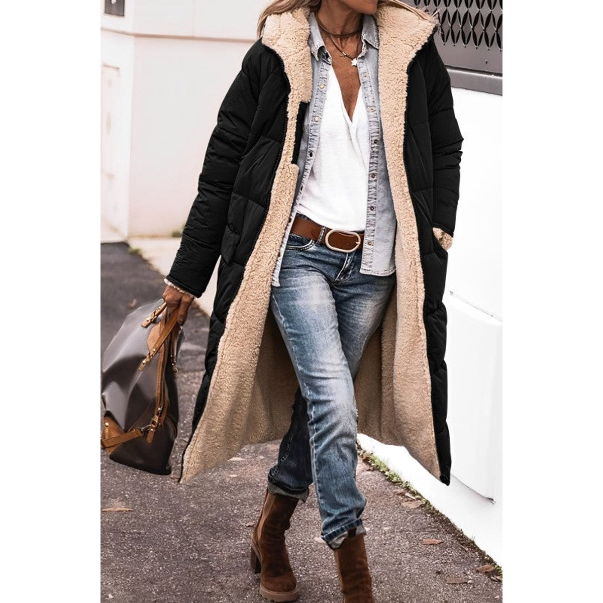 Long Winter Coat Women Stylish Versatile Teddy Lined Gray Puffer 0