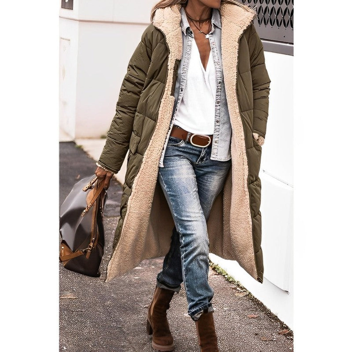 Long Winter Coat Women Stylish Versatile Teddy Lined Gray Puffer 4