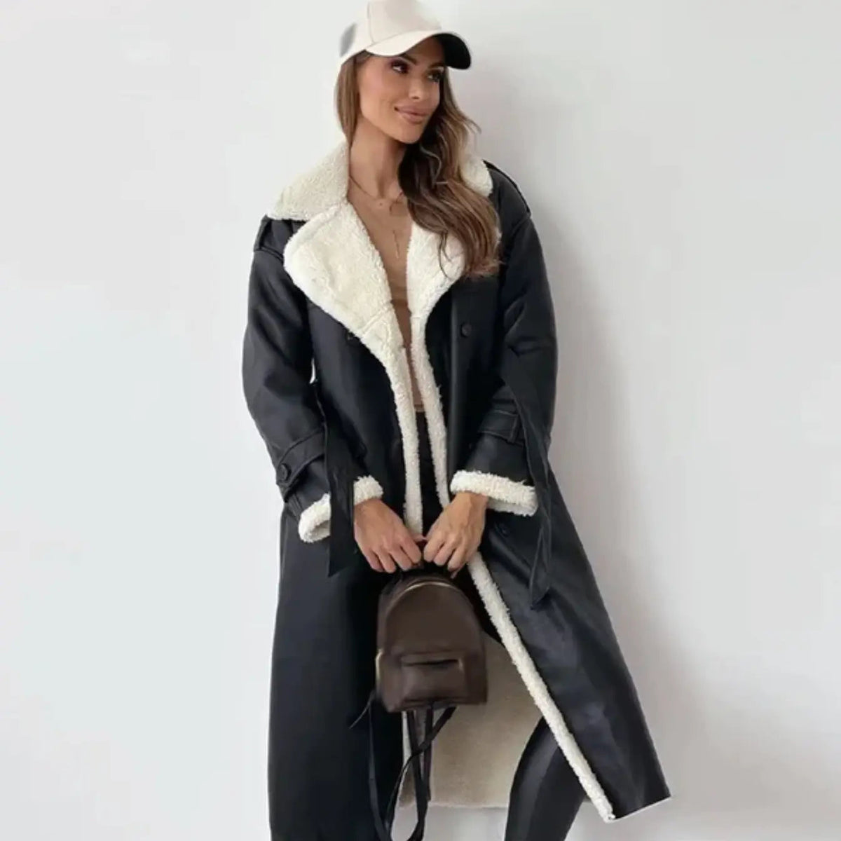 Long Women's Coat with Fleece Lining and Teddy Collar for Winter 0