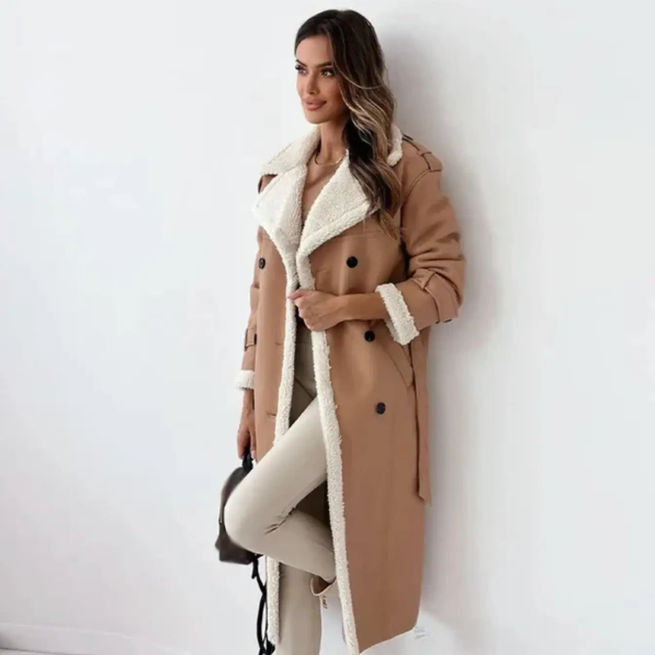 Long Women's Coat with Fleece Lining and Teddy Collar for Winter 2