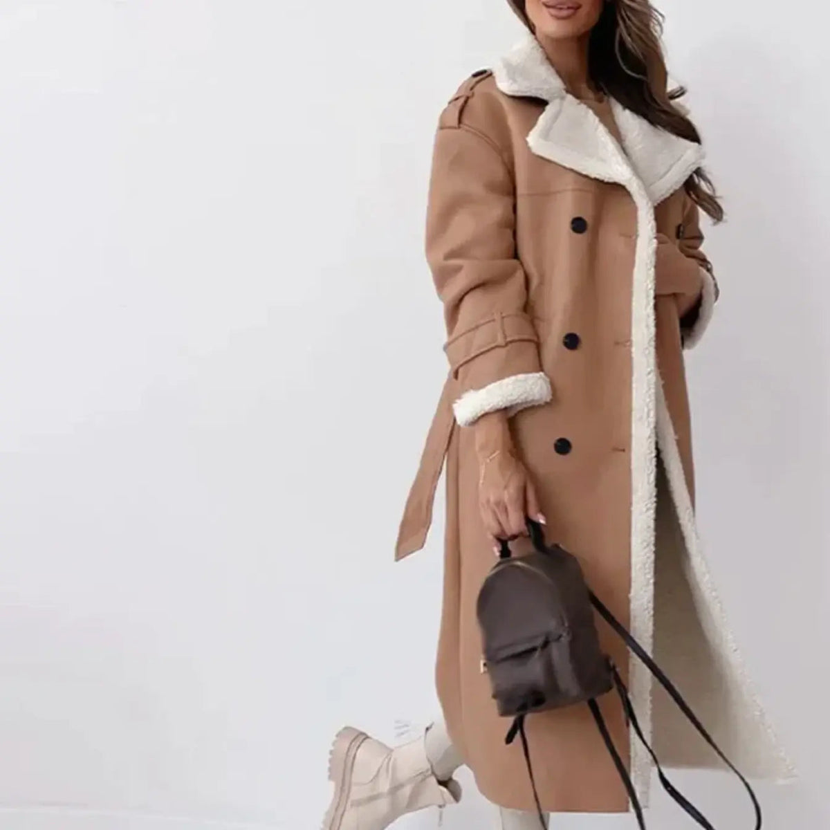 Long Women's Coat with Fleece Lining and Teddy Collar for Winter 3
