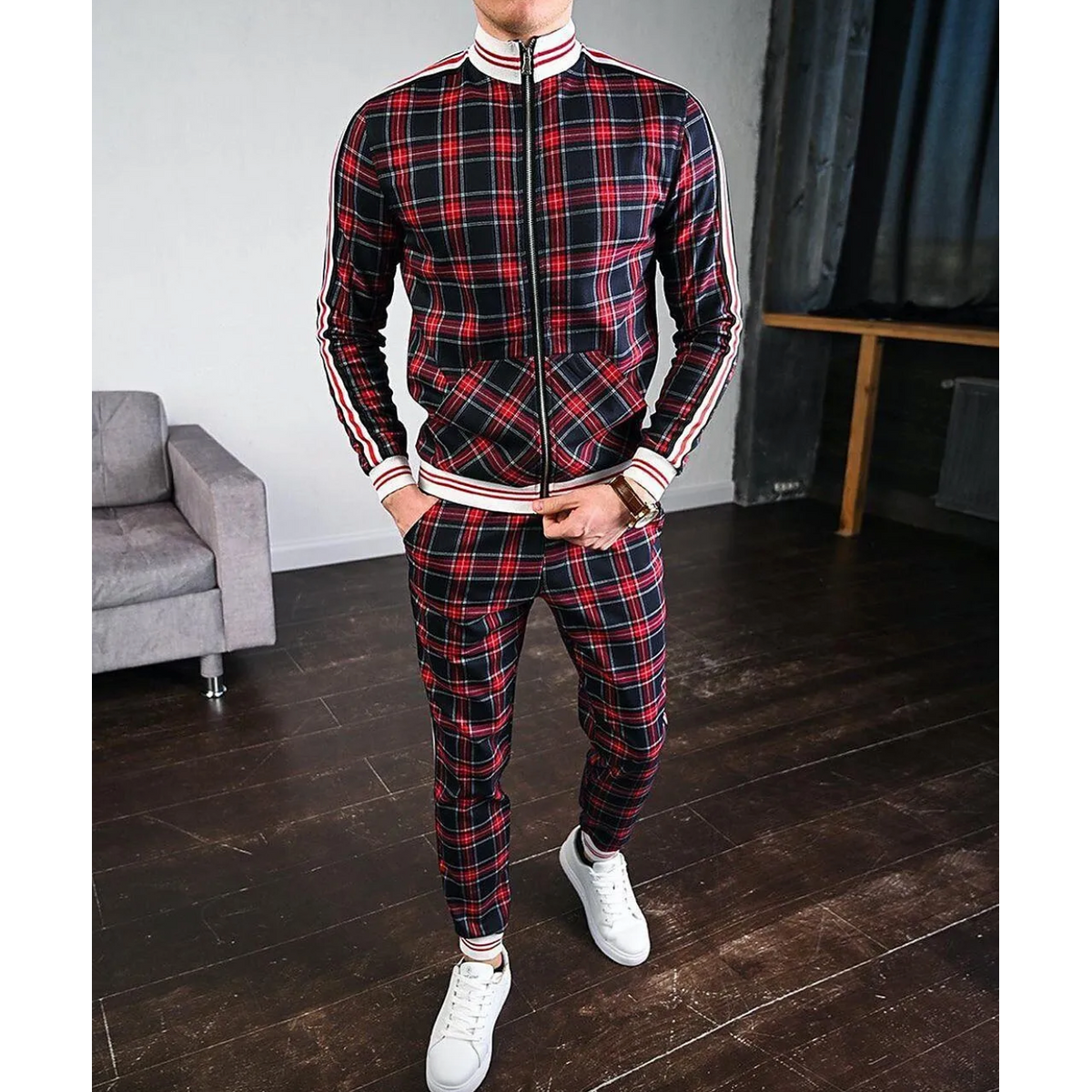 Men's Checkered Tracksuit Co-Ord Set with Striped Cuffs Stylish Comfort 1