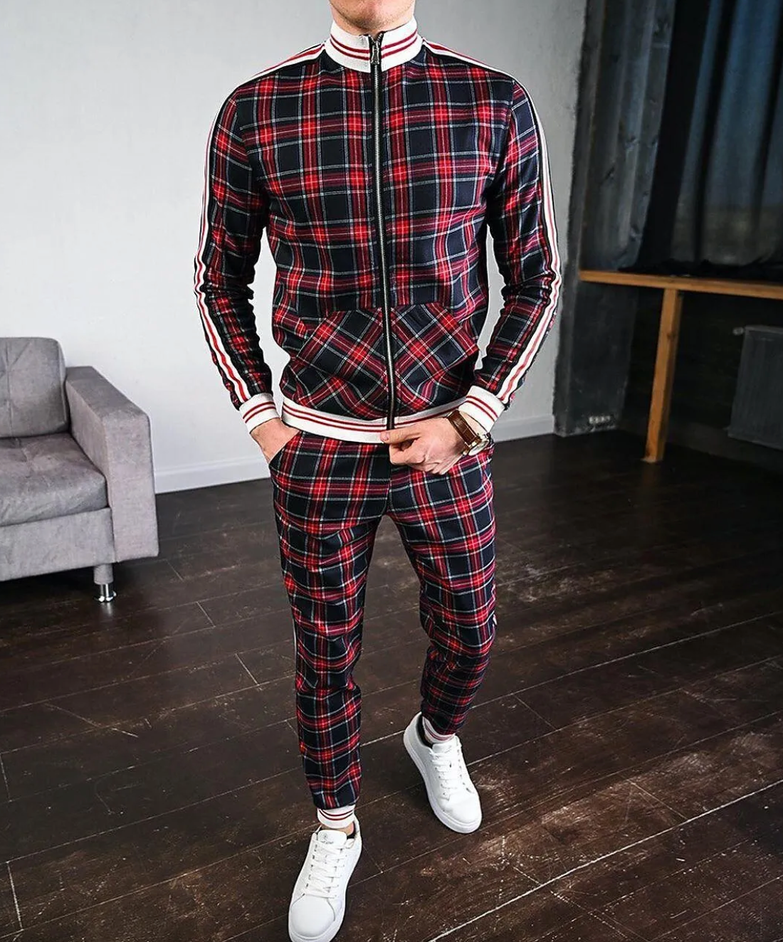 Men's Checkered Tracksuit Co-Ord Set with Striped Cuffs Stylish Comfort 1