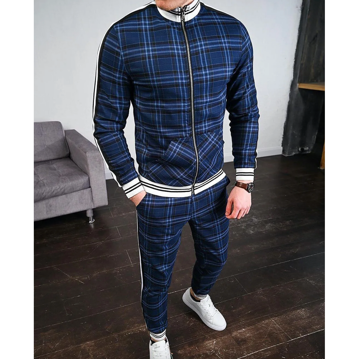 Men's Checkered Tracksuit Co-Ord Set with Striped Cuffs Stylish Comfort 2