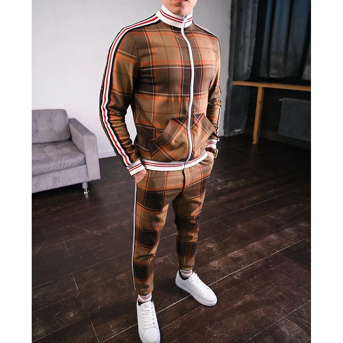 Men's Checkered Tracksuit Co-Ord Set with Striped Cuffs Stylish Comfort 3