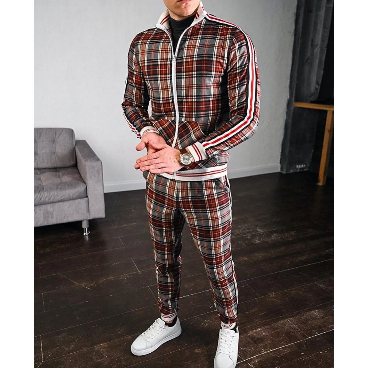 Men's Checkered Tracksuit Co-Ord Set with Striped Cuffs Stylish Comfort 4