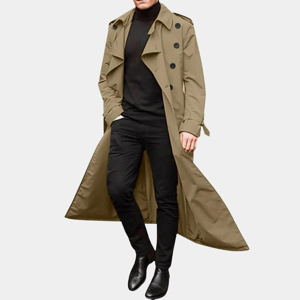 Men's Classic Long Trench Coat Double-Breasted Belted Stylish Overcoat 1