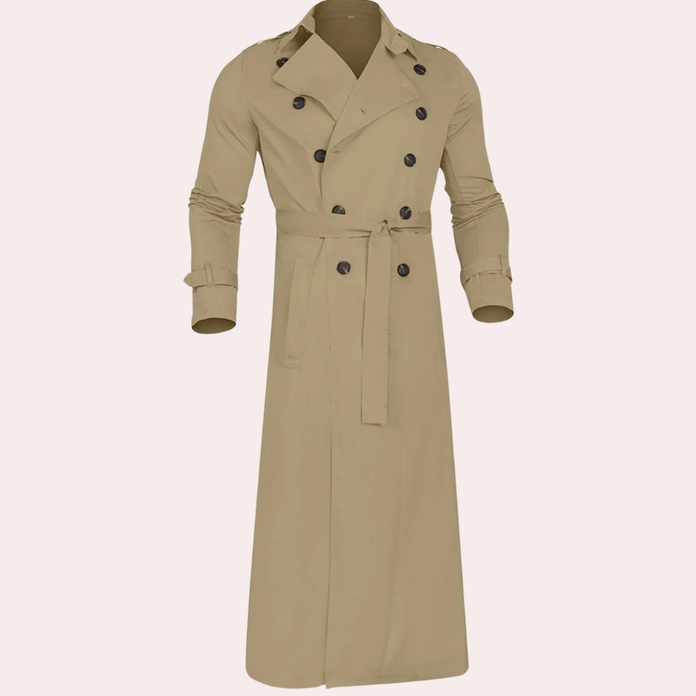 Men's Classic Long Trench Coat Double-Breasted Belted Stylish Overcoat 2