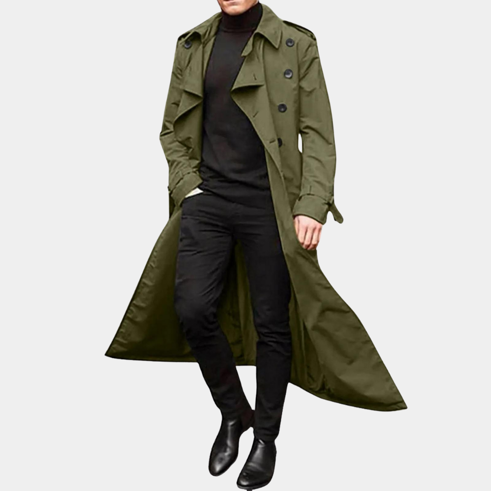 Men's Classic Long Trench Coat Double-Breasted Belted Stylish Overcoat 5