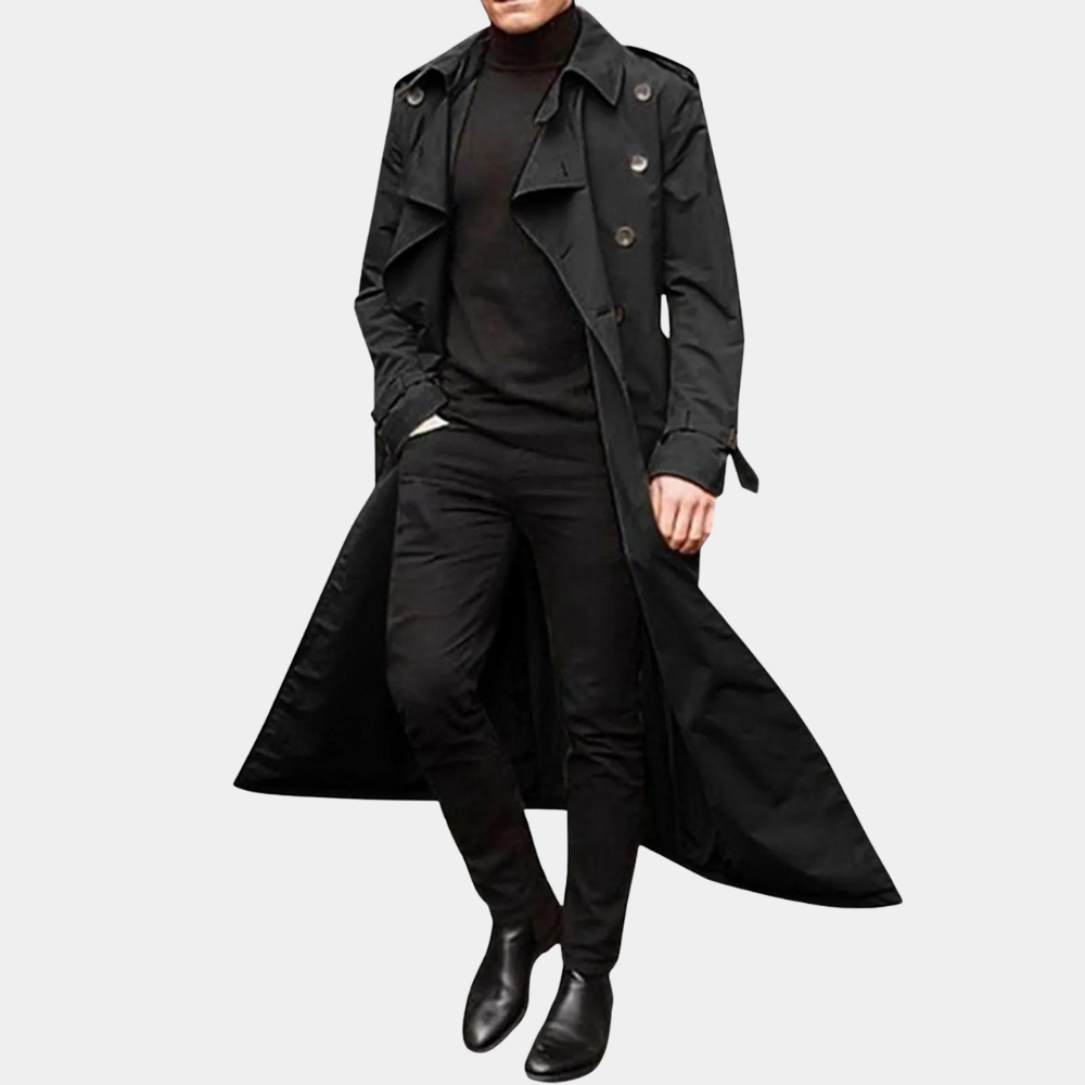 Men's Classic Long Trench Coat Double-Breasted Belted Stylish Overcoat 6