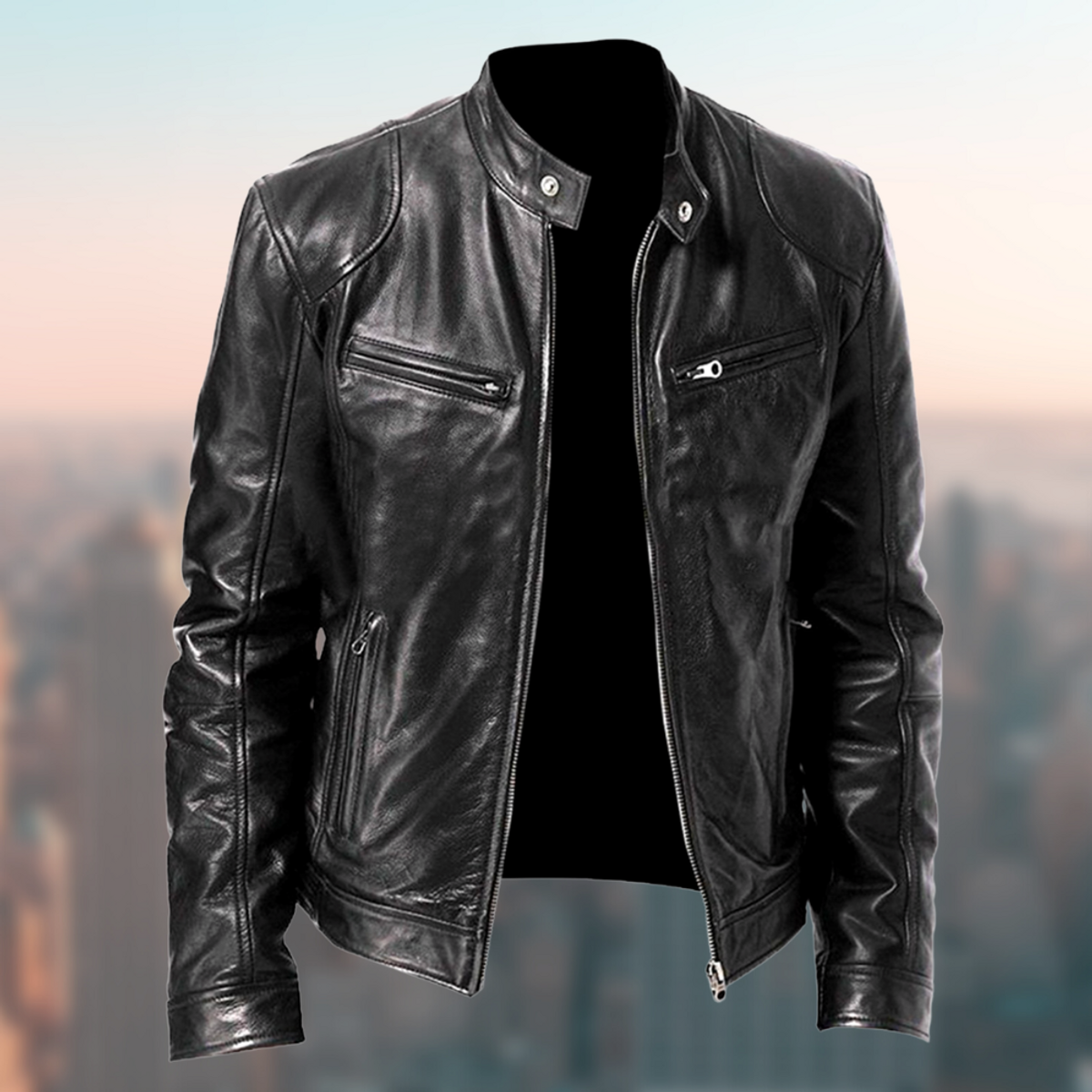 Men's Leather Jacket Sleek Zip Closure Stand Collar Stylish Design 0