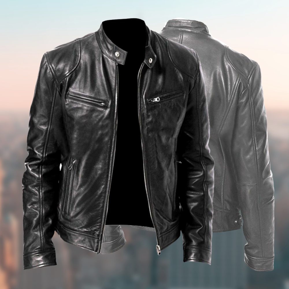 Men's Leather Jacket Sleek Zip Closure Stand Collar Stylish Design 1