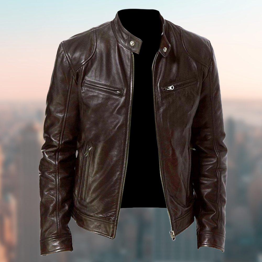 Men's Leather Jacket Sleek Zip Closure Stand Collar Stylish Design 2
