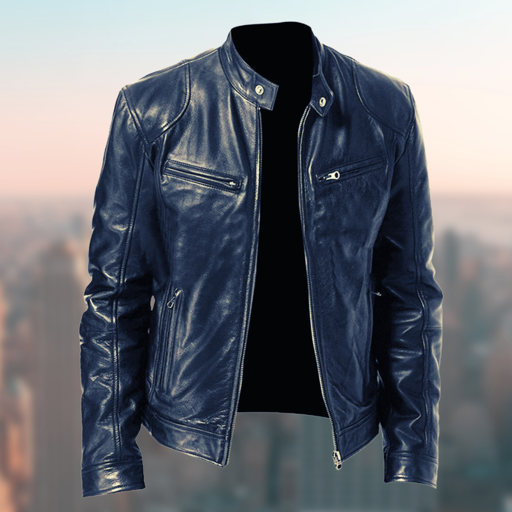 Men's Leather Jacket Sleek Zip Closure Stand Collar Stylish Design 4