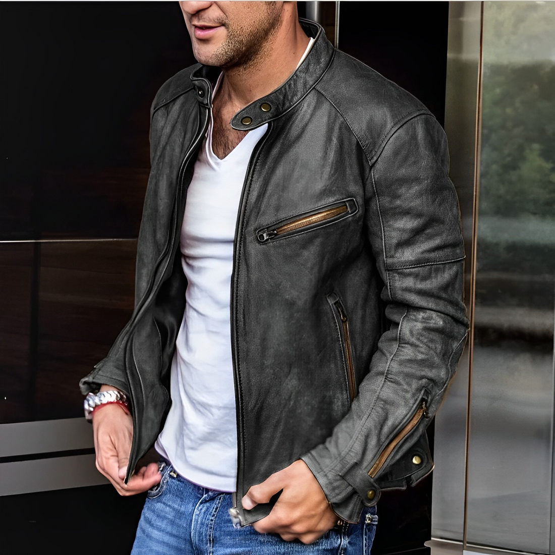 Men's Leather Jacket Urban Style Stand Collar Functional Zip Details 0