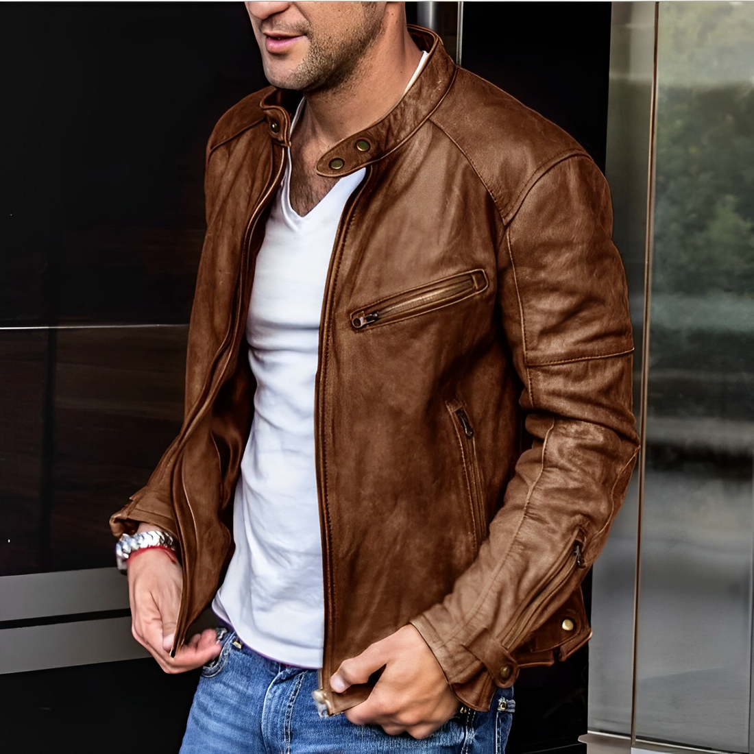 Men's Leather Jacket Urban Style Stand Collar Functional Zip Details 1