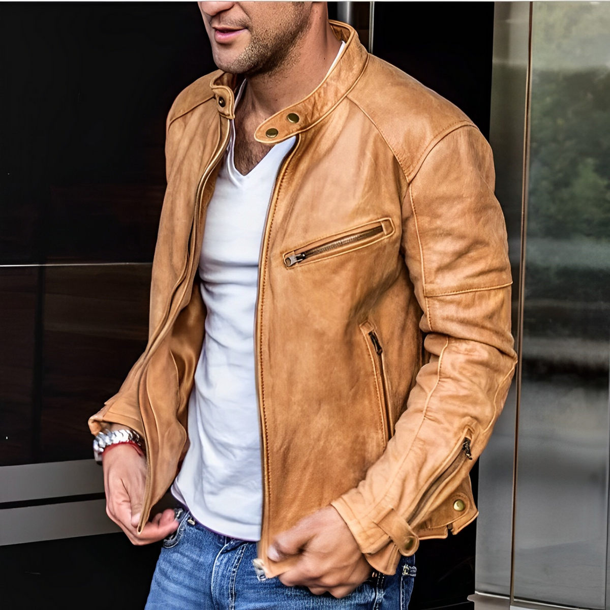 Men's Leather Jacket Urban Style Stand Collar Functional Zip Details 2