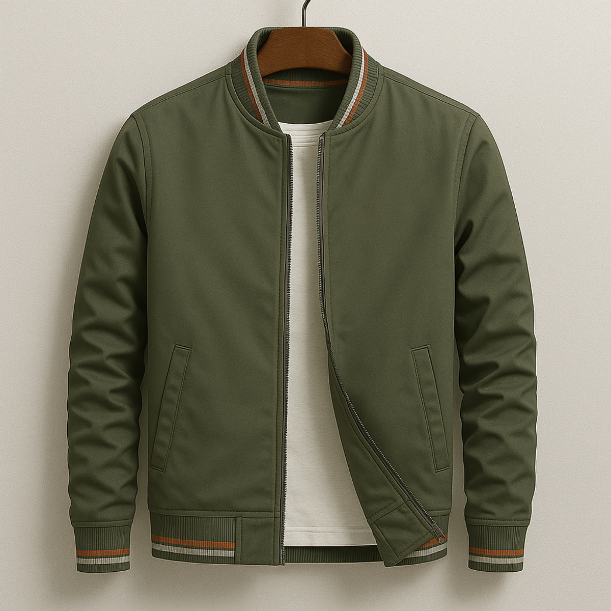 Men's Lightweight Bomber Jacket Zip-Up with Ribbed Trim Casual Style 1