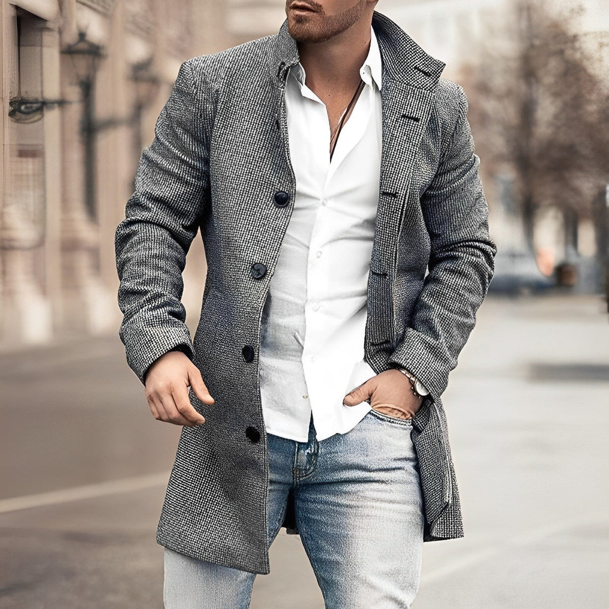 Men's Long Button-Up Coat Stylish Elegant Design for Winter 0