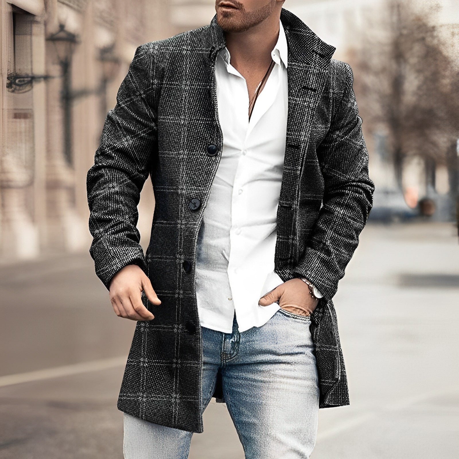 Men's Long Button-Up Coat Stylish Elegant Design for Winter 1