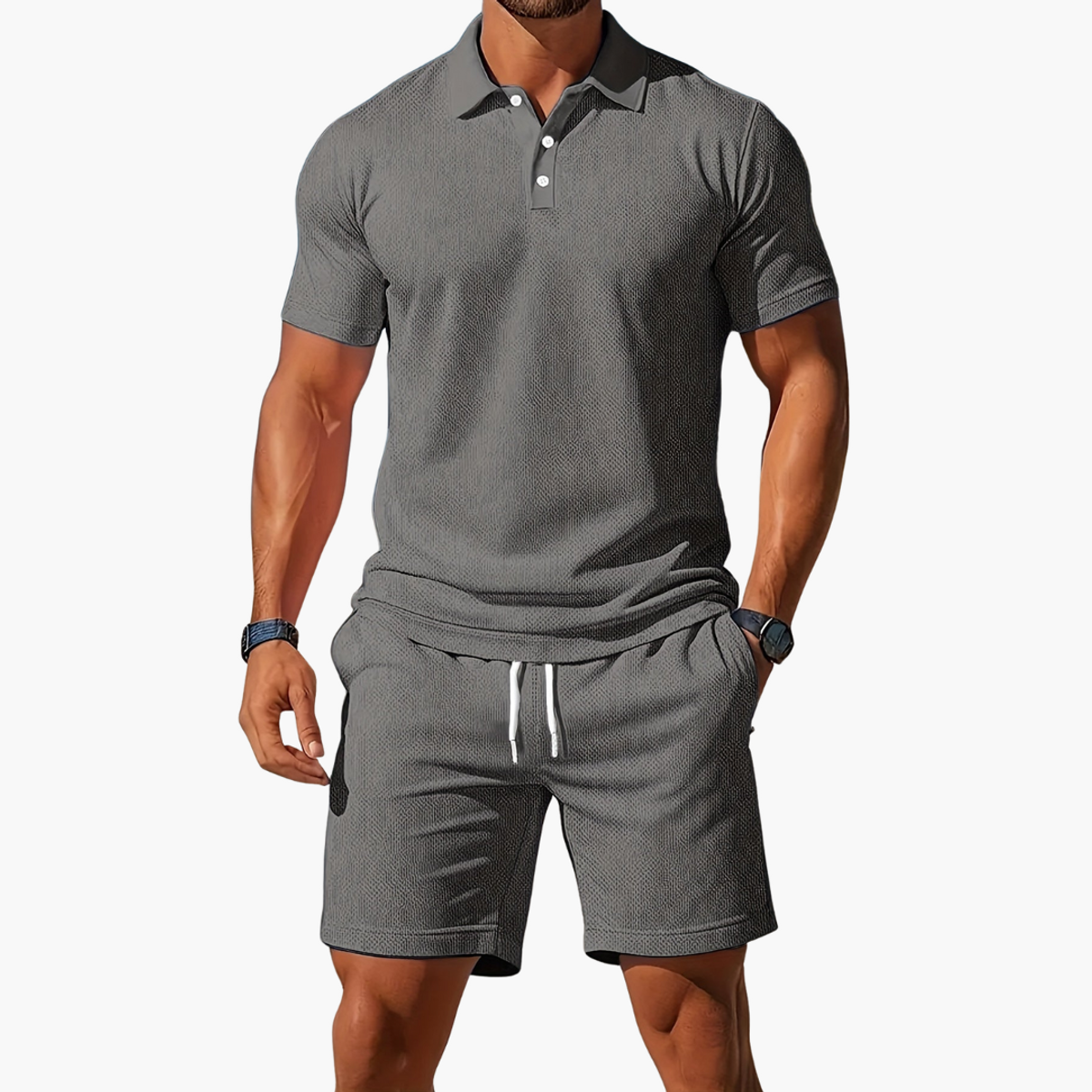 Men's Polo Shirts Short Sleeve Casual Chic Set with Drawstring Shorts 7