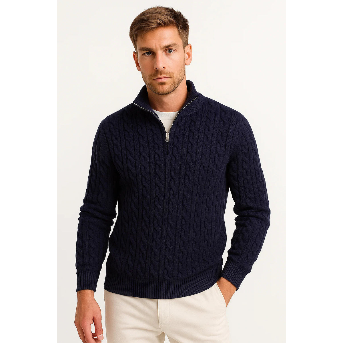 Men's Quarter Zip Sweater Elegant Cable Knit Jumper Casual Chic 0