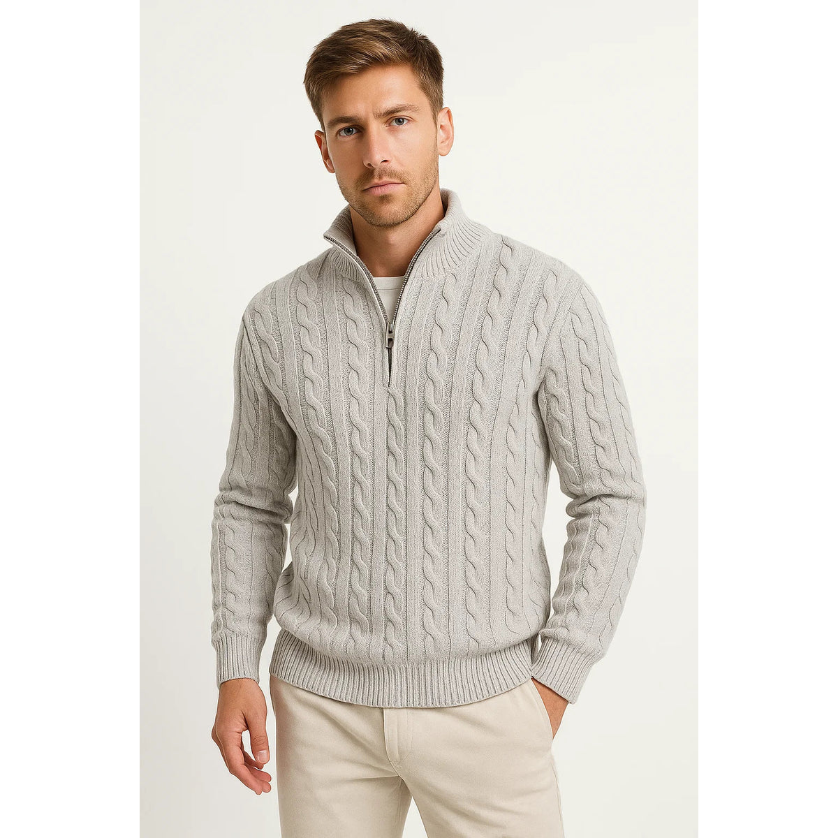 Men's Quarter Zip Sweater Elegant Cable Knit Jumper Casual Chic 1