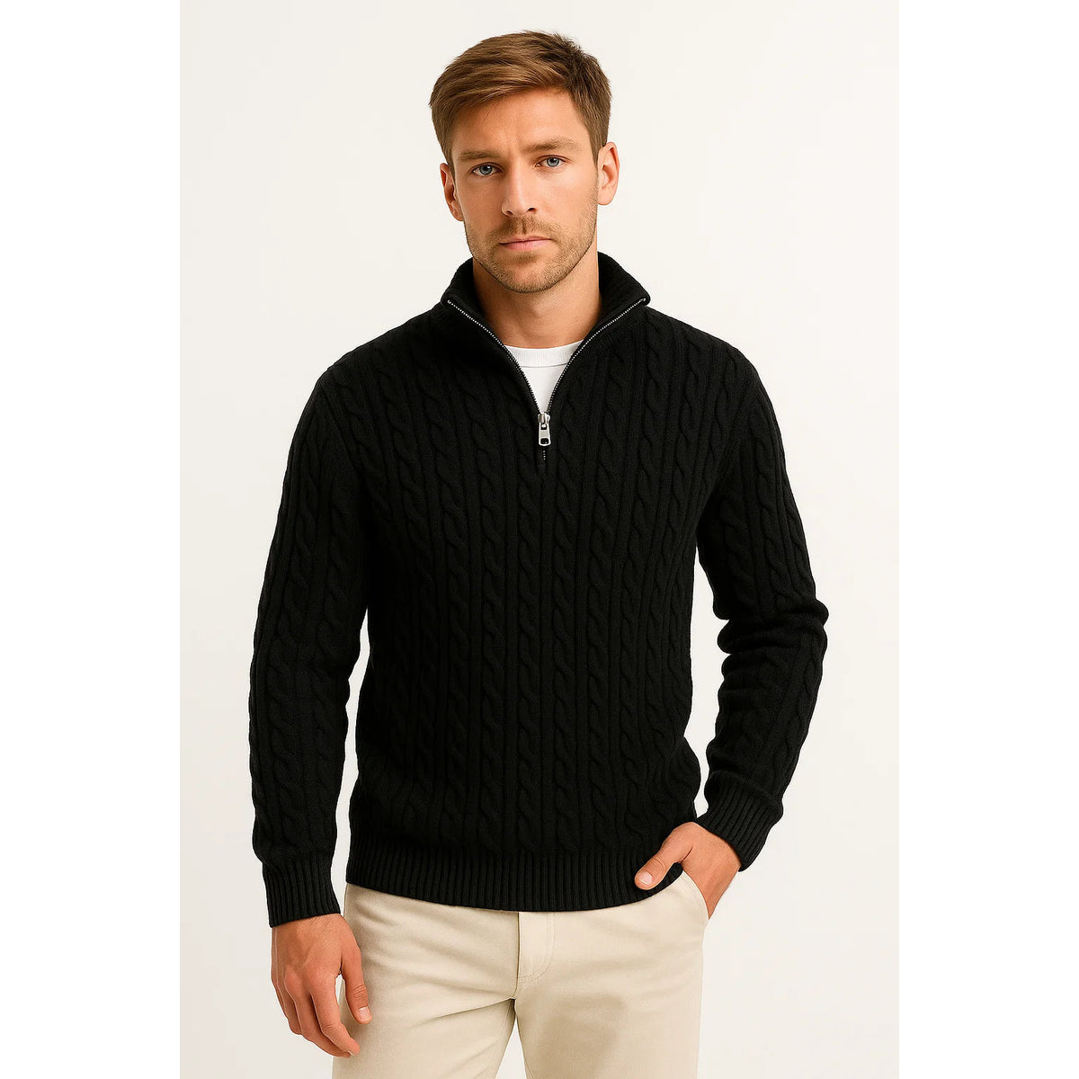 Men's Quarter Zip Sweater Elegant Cable Knit Jumper Casual Chic 2