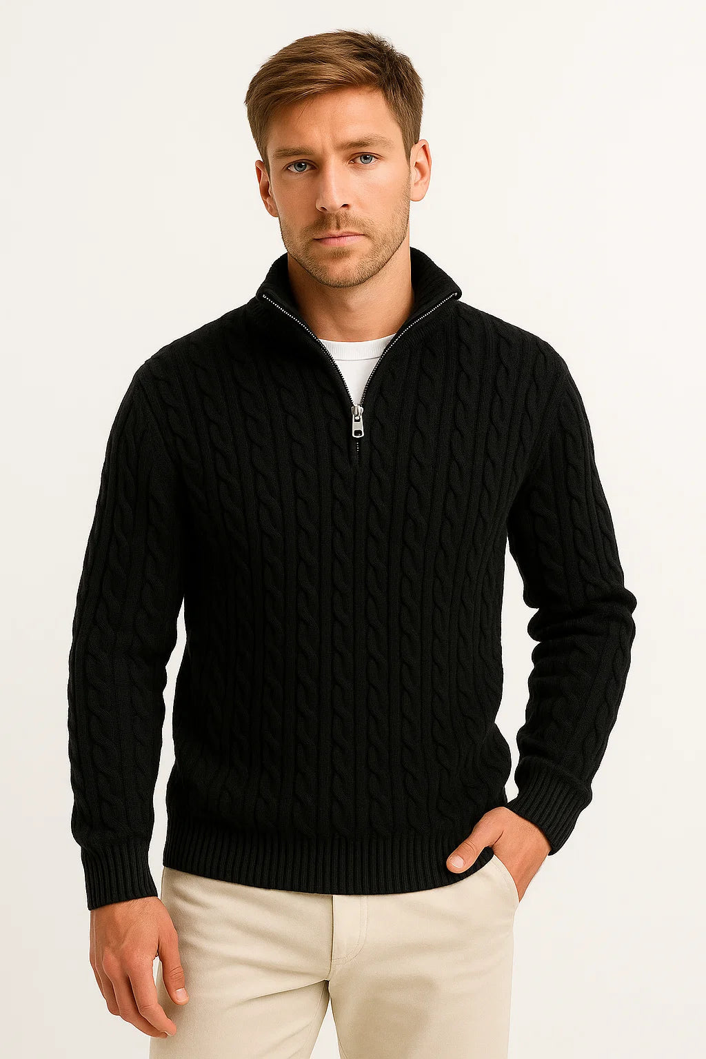 Men's Quarter Zip Sweater Elegant Cable Knit Jumper Casual Chic 2
