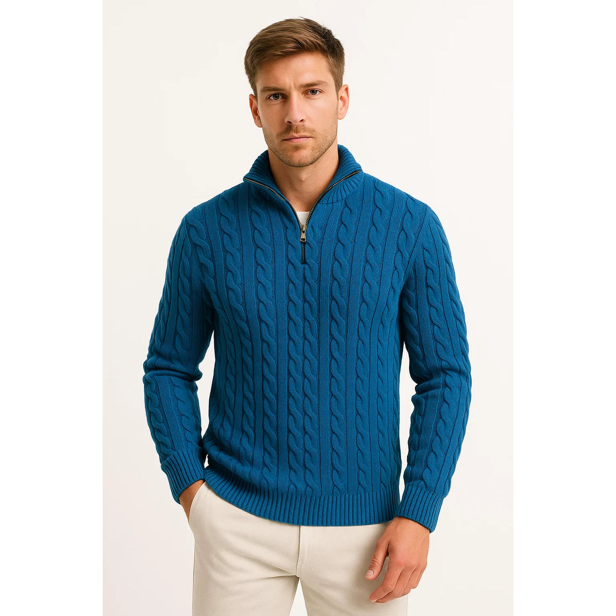 Men's Quarter Zip Sweater Elegant Cable Knit Jumper Casual Chic 5