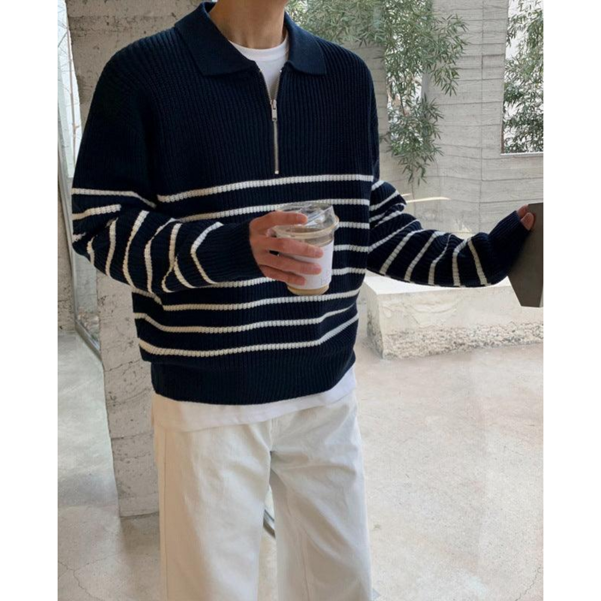 Men's Quarter Zip Sweater Striped Design Casual Chic Cotton 0
