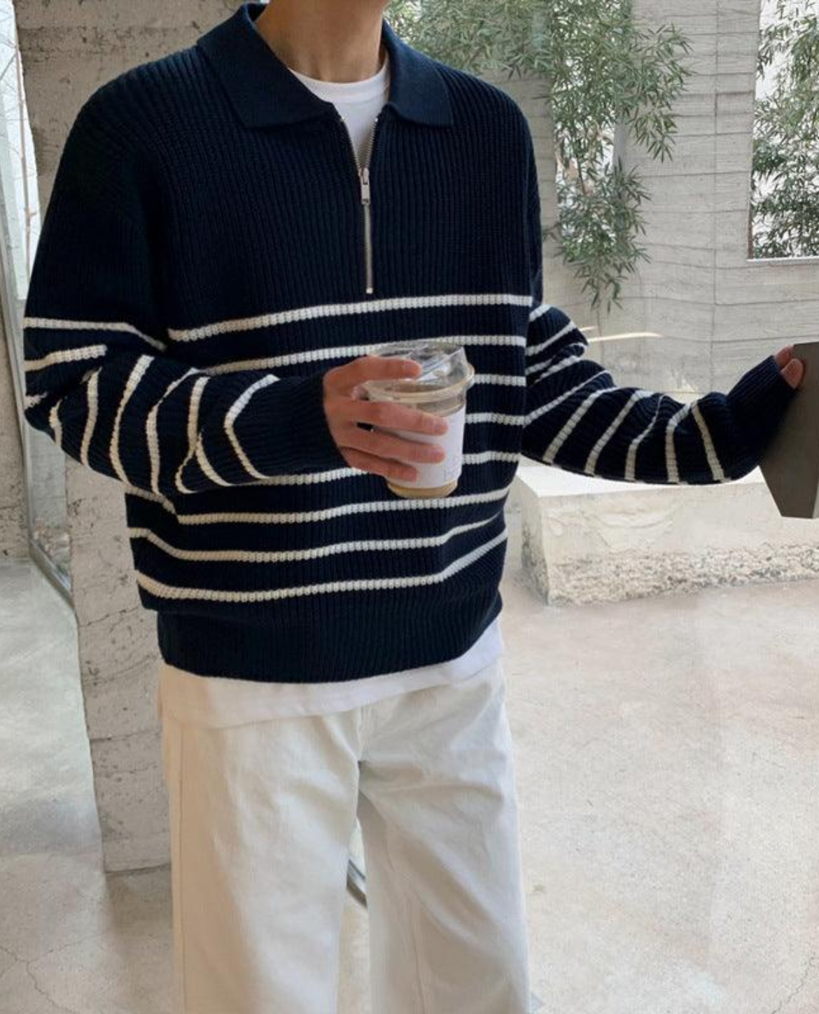 Men's Quarter Zip Sweater Striped Design Casual Chic Cotton 0