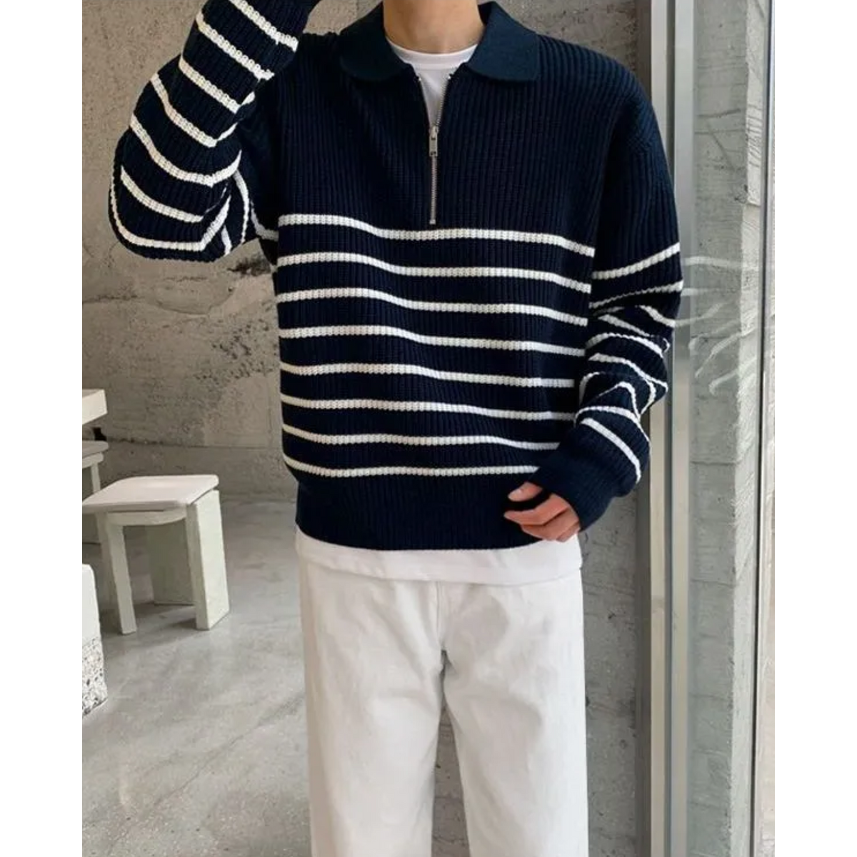 Men's Quarter Zip Sweater Striped Design Casual Chic Cotton 2