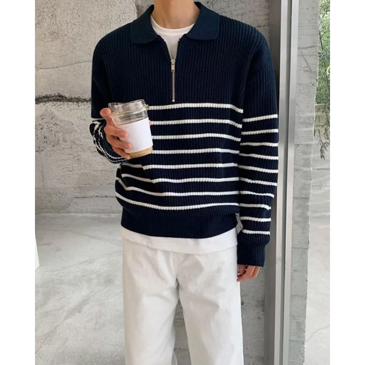 Men's Quarter Zip Sweater Striped Design Casual Chic Cotton 3