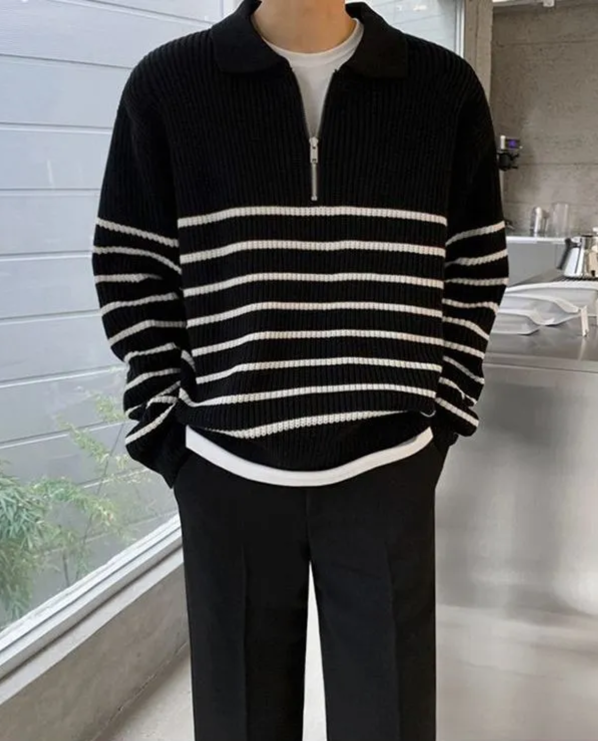 Men's Quarter Zip Sweater Striped Design Casual Chic Cotton 4