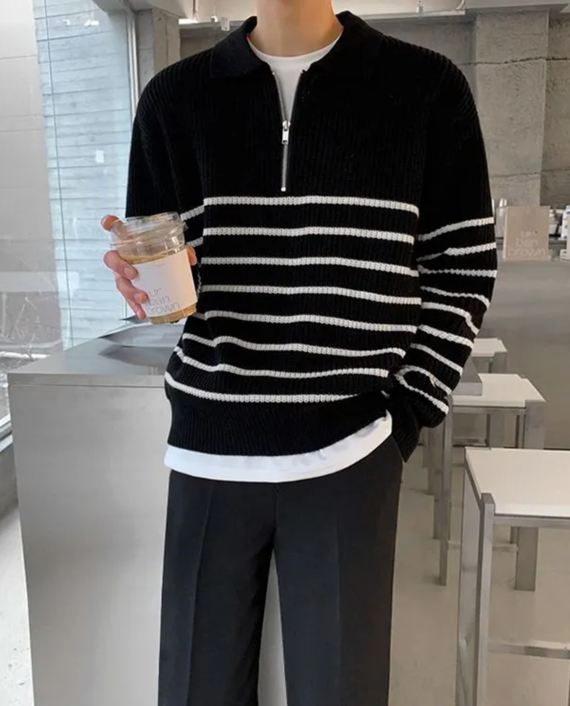 Men's Quarter Zip Sweater Striped Design Casual Chic Cotton 6